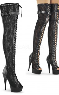 Pleaser - DDELIGHT-3025ML  Peep Toe Front Lace-up Lace Appliqued Mesh Thigh High Boot 