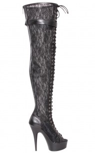 Pleaser - DDELIGHT-3025ML  Peep Toe Front Lace-up Lace Appliqued Mesh Thigh High Boot 
